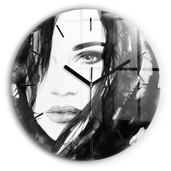Round glass wall clock Portrait of a woman
