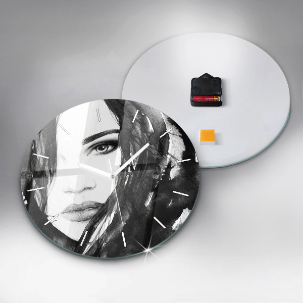Round glass wall clock Portrait of a woman