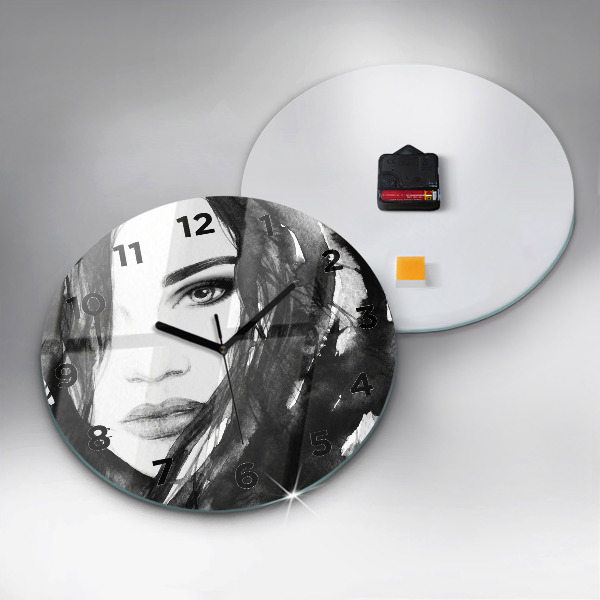 Round glass wall clock Portrait of a woman