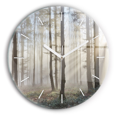 Round glass wall clock Forest in the fog