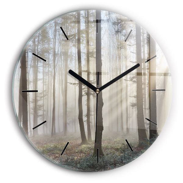 Round glass wall clock Forest in the fog