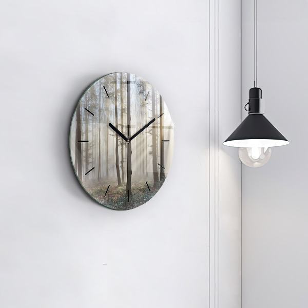 Round glass wall clock Forest in the fog
