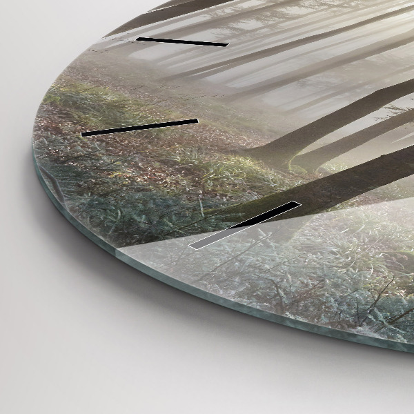 Round glass wall clock Forest in the fog