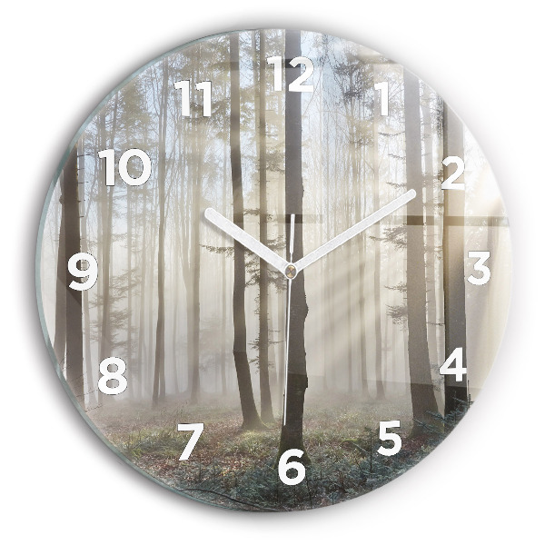 Round glass wall clock Forest in the fog