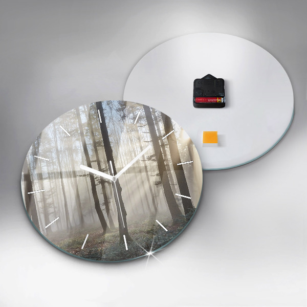 Round glass wall clock Forest in the fog