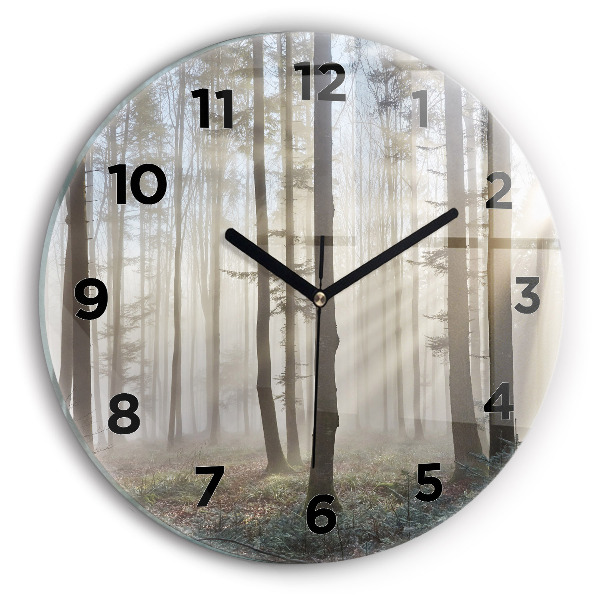 Round glass wall clock Forest in the fog