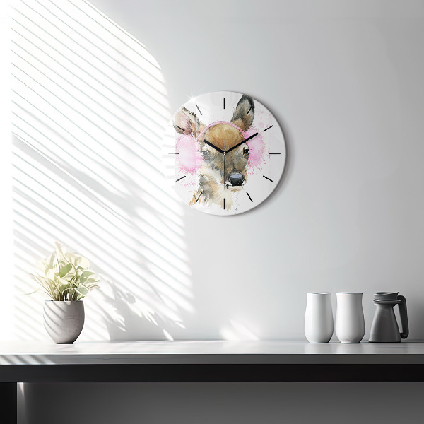 Round glass wall clock Forest deer