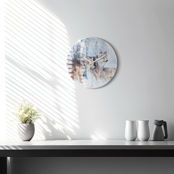 Round glass wall clock Wolves in the forest