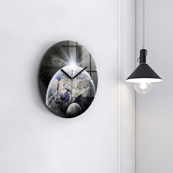 Round glass wall clock Earth Moon Sun