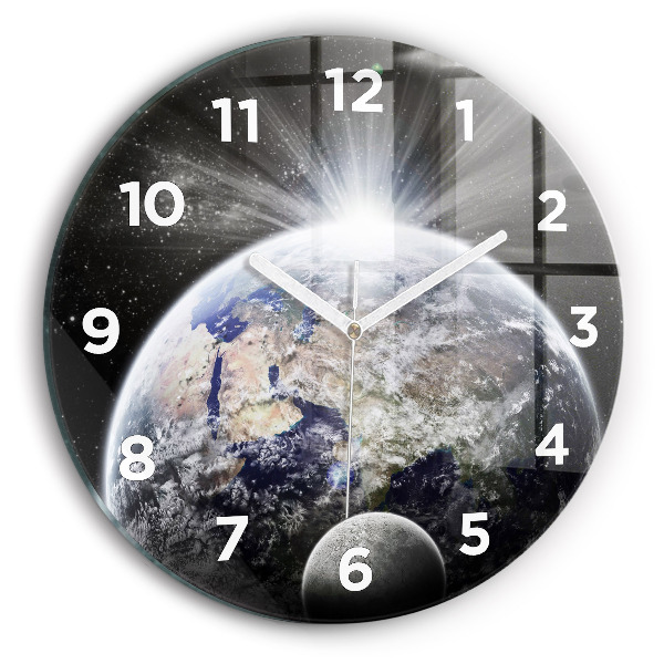 Round glass wall clock Earth Moon Sun