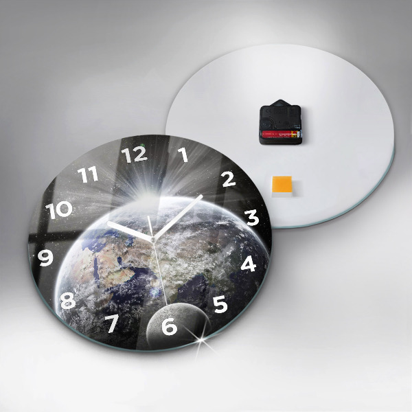 Round glass wall clock Earth Moon Sun