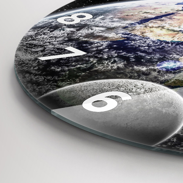 Round glass wall clock Earth Moon Sun