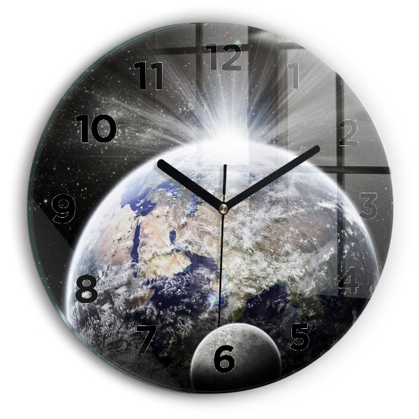 Round glass wall clock Earth Moon Sun