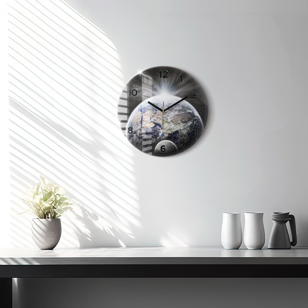 Round glass wall clock Earth Moon Sun