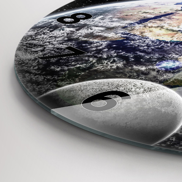 Round glass wall clock Earth Moon Sun