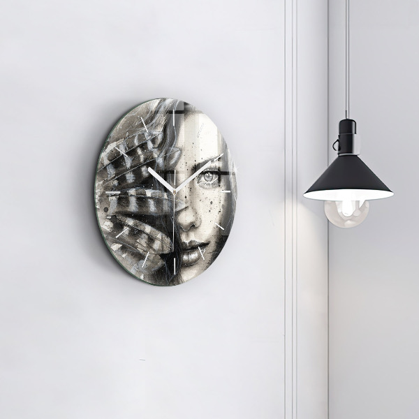 Round glass wall clock Painted portrait