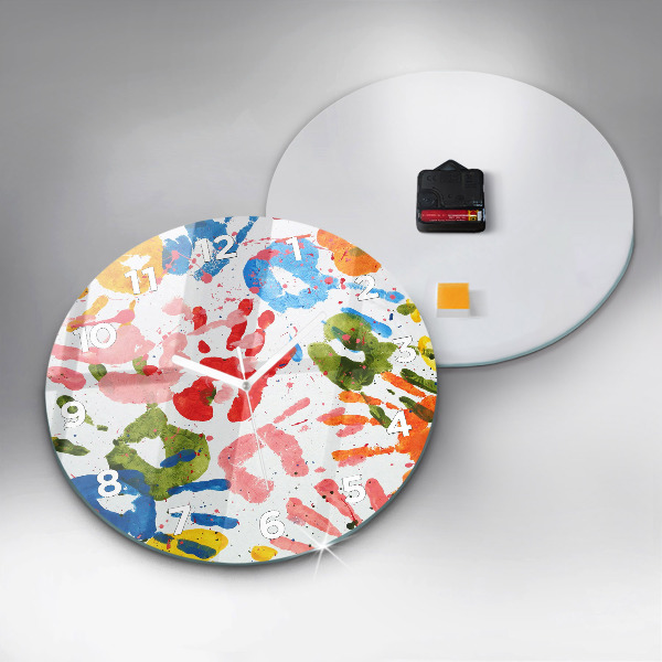 Round glass wall clock Children's handprints