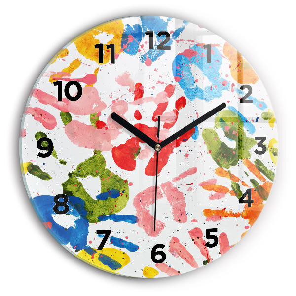 Round glass wall clock Children's handprints