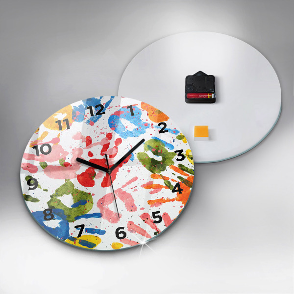 Round glass wall clock Children's handprints