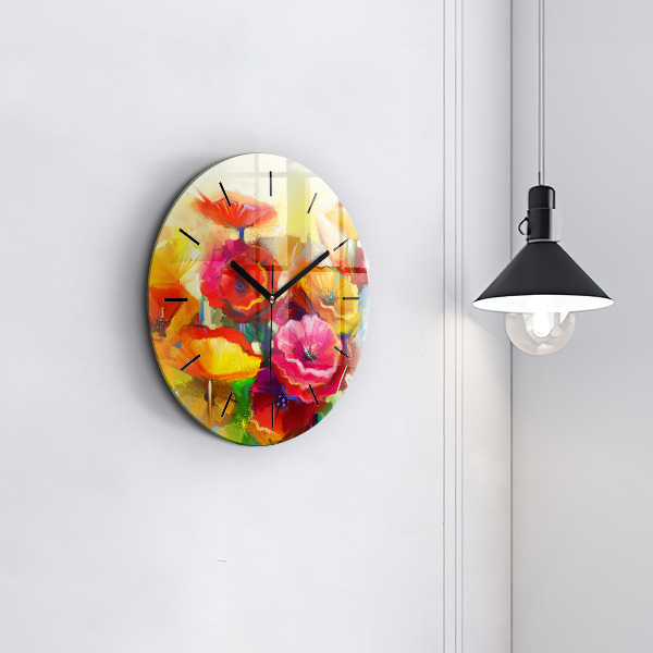 Round glass wall clock Colorful poppies