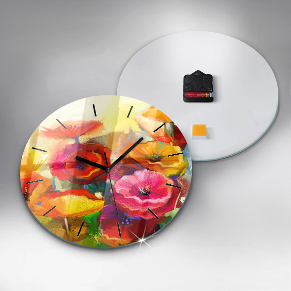 Round glass wall clock Colorful poppies