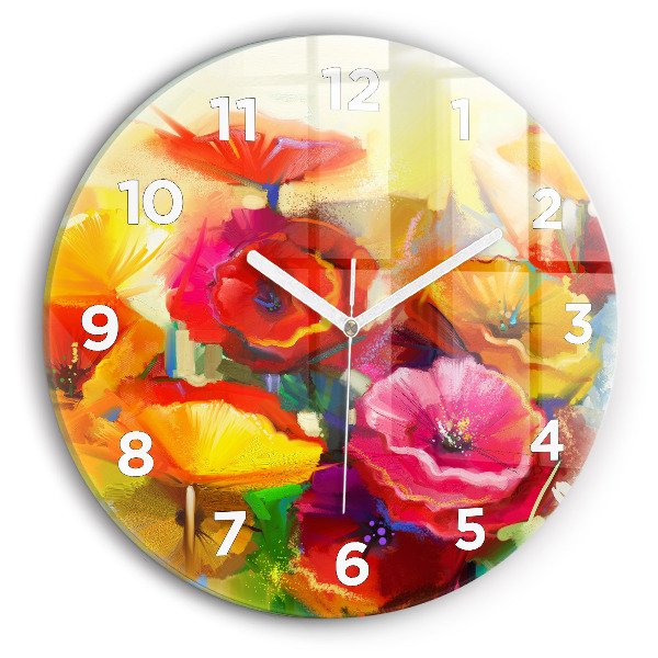 Round glass wall clock Colorful poppies
