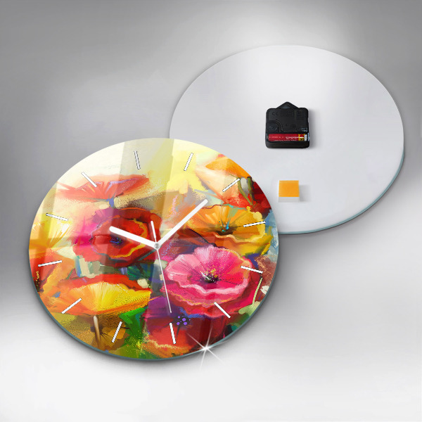 Round glass wall clock Colorful poppies