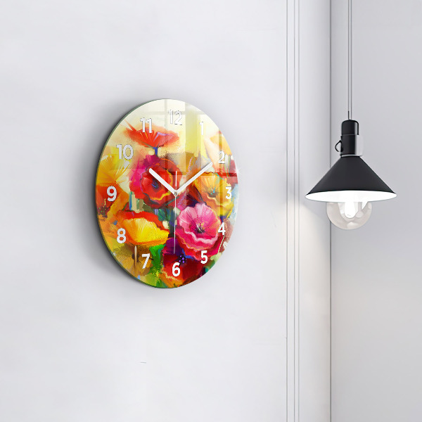Round glass wall clock Colorful poppies