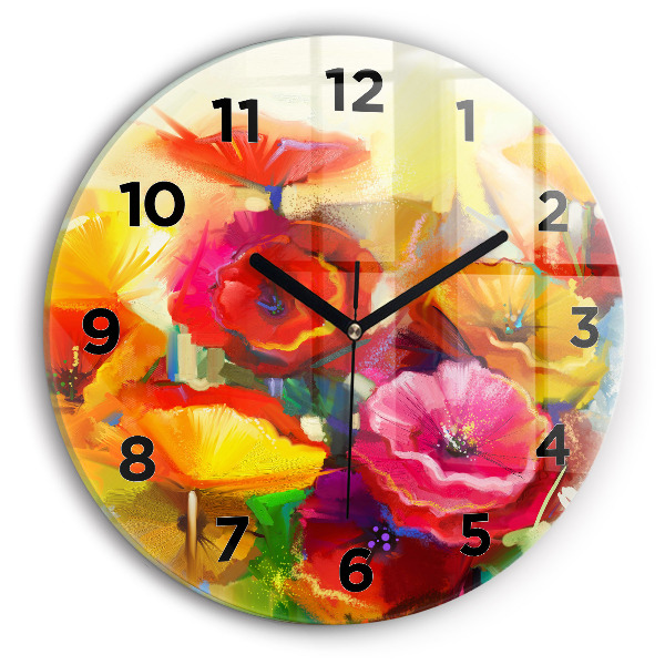Round glass wall clock Colorful poppies