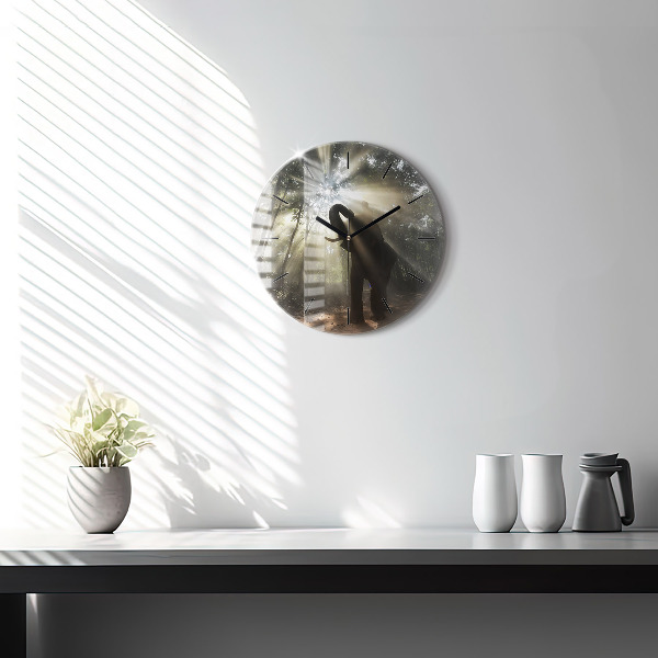 Round glass wall clock Elephant in the jungle