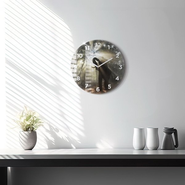 Round glass wall clock Elephant in the jungle