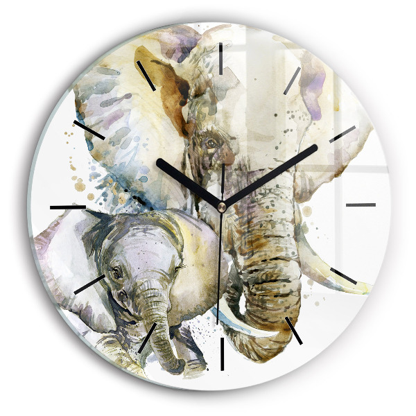 Round glass wall clock Painted animals elephants