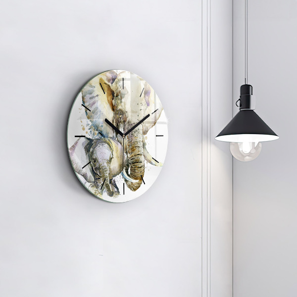 Round glass wall clock Painted animals elephants