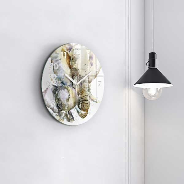Round glass wall clock Painted animals elephants