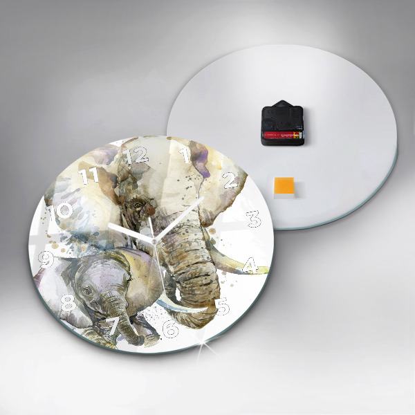 Round glass wall clock Painted animals elephants