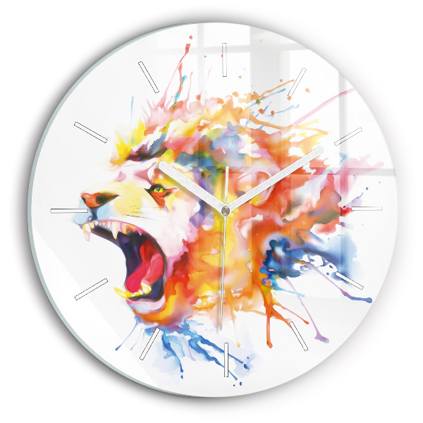 Round glass wall clock Lion - watercolor