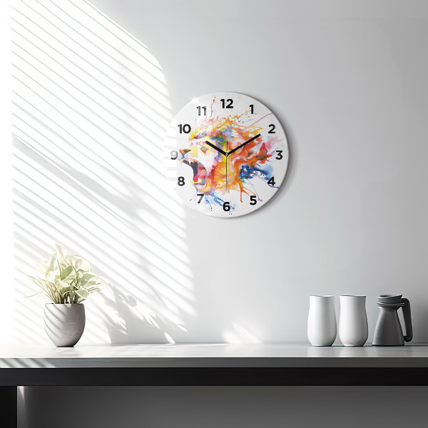 Round glass wall clock Lion - watercolor