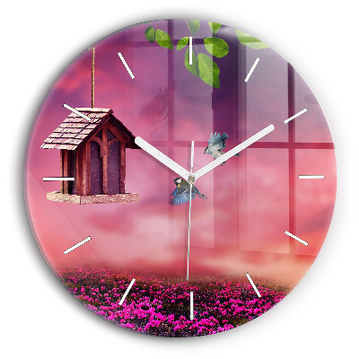 Round glass wall clock Birdhouse