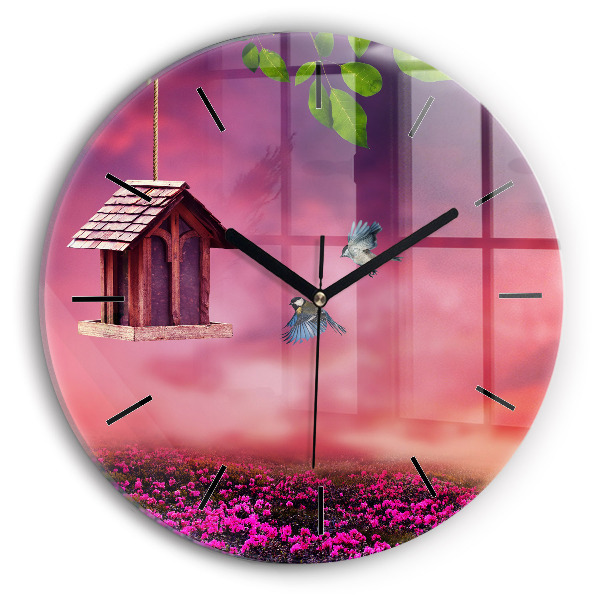 Round glass wall clock Birdhouse