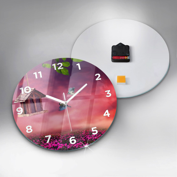 Round glass wall clock Birdhouse