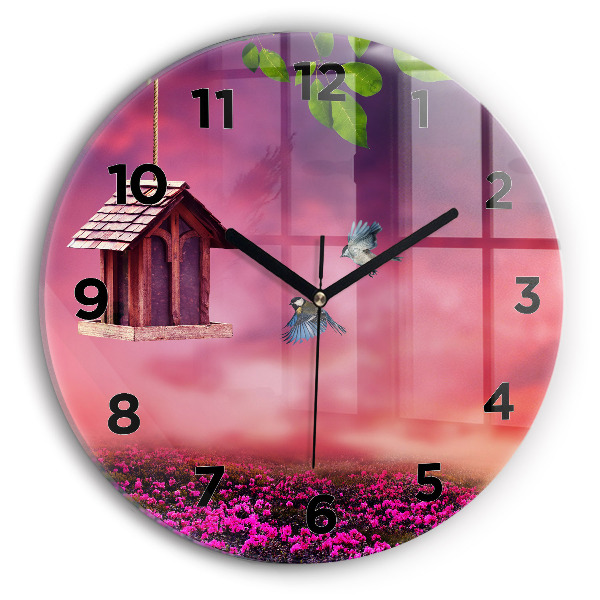 Round glass wall clock Birdhouse