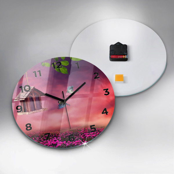 Round glass wall clock Birdhouse