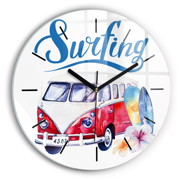 Round glass wall clock Car and Surfing sign
