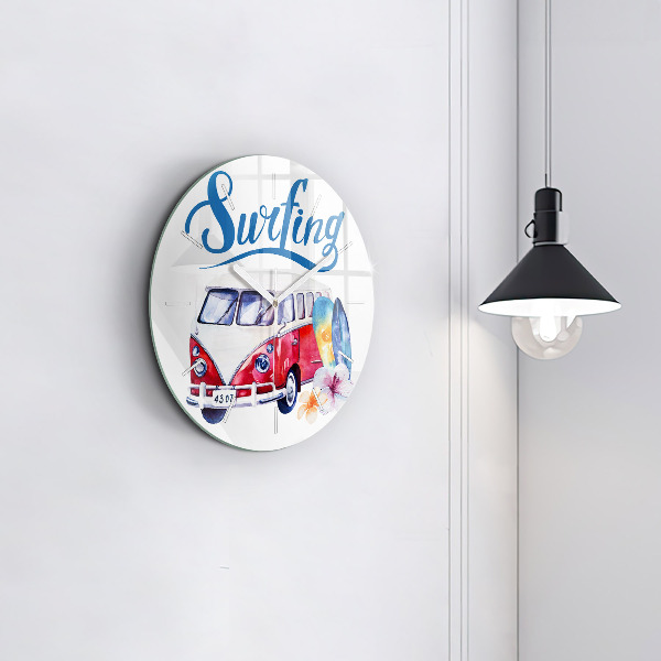 Round glass wall clock Car and Surfing sign