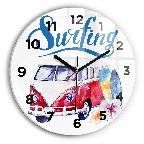 Round glass wall clock Car and Surfing sign