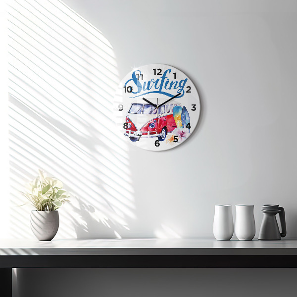 Round glass wall clock Car and Surfing sign