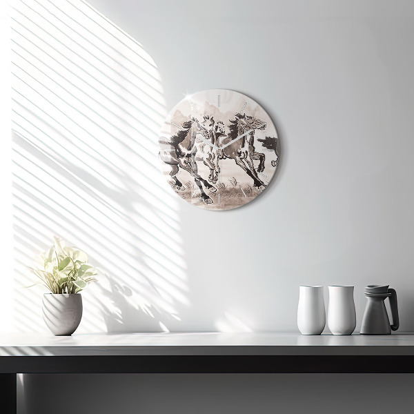 Round glass wall clock Galloping horses