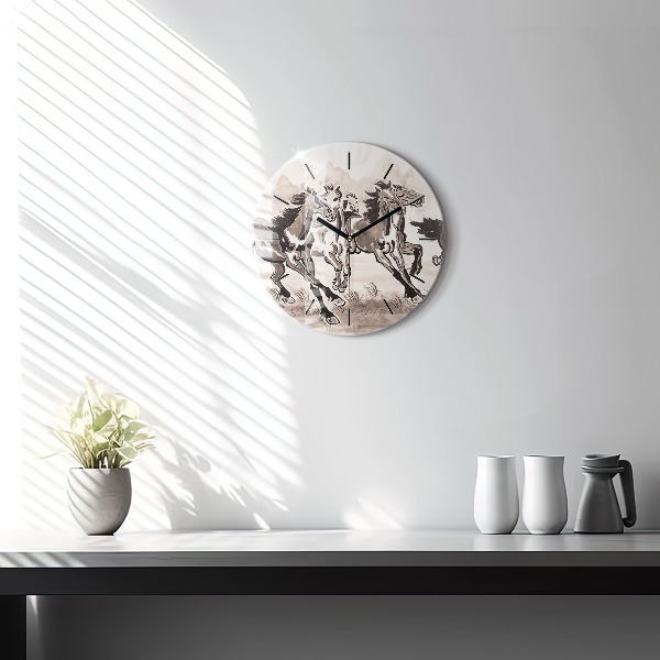 Round glass wall clock Galloping horses