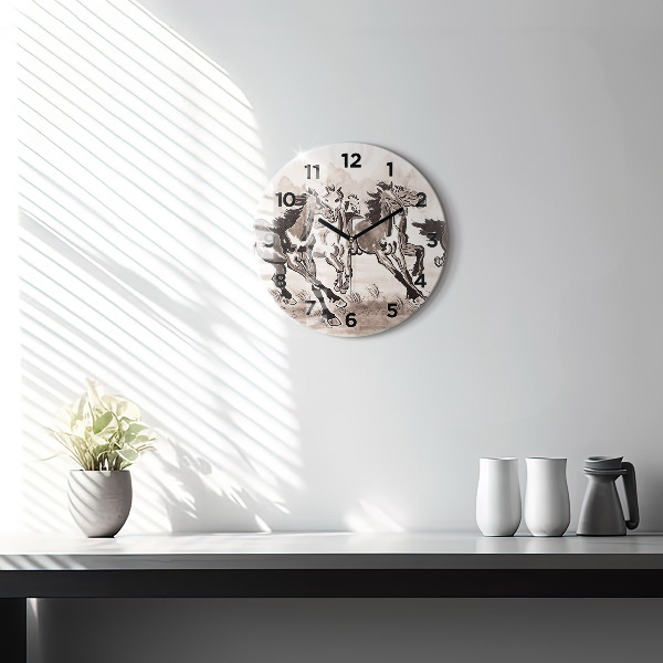 Round glass wall clock Galloping horses