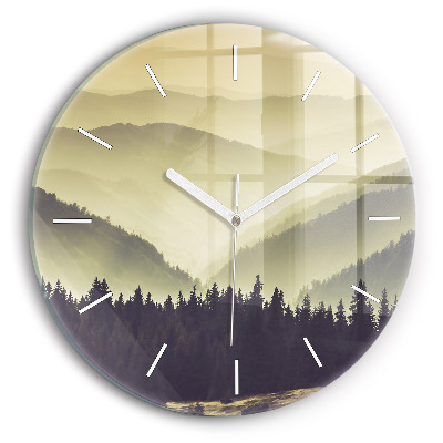 Round glass wall clock Misty mountain slopes